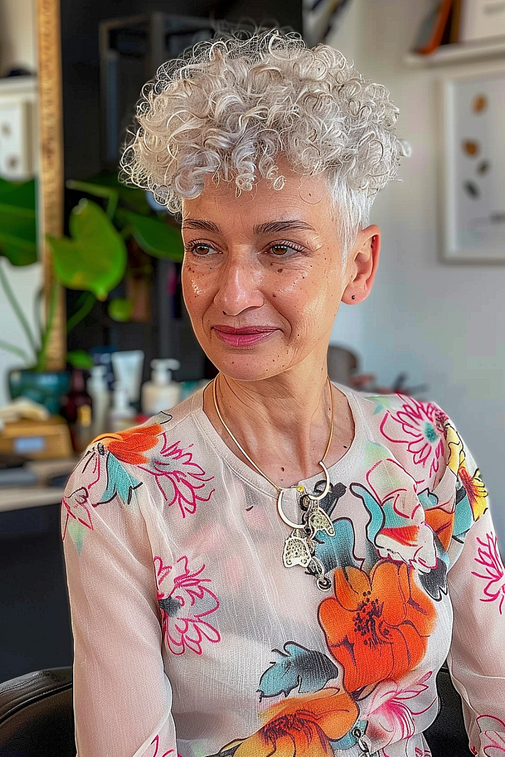 Curly tapered pixie hairstyle with bouncy curls