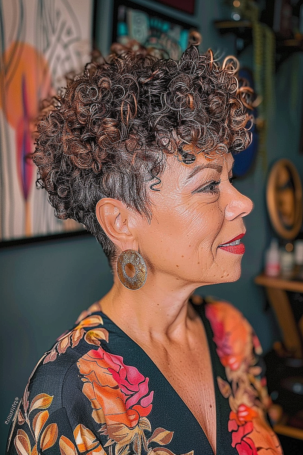 Curly tapered pixie cut on a woman over 50