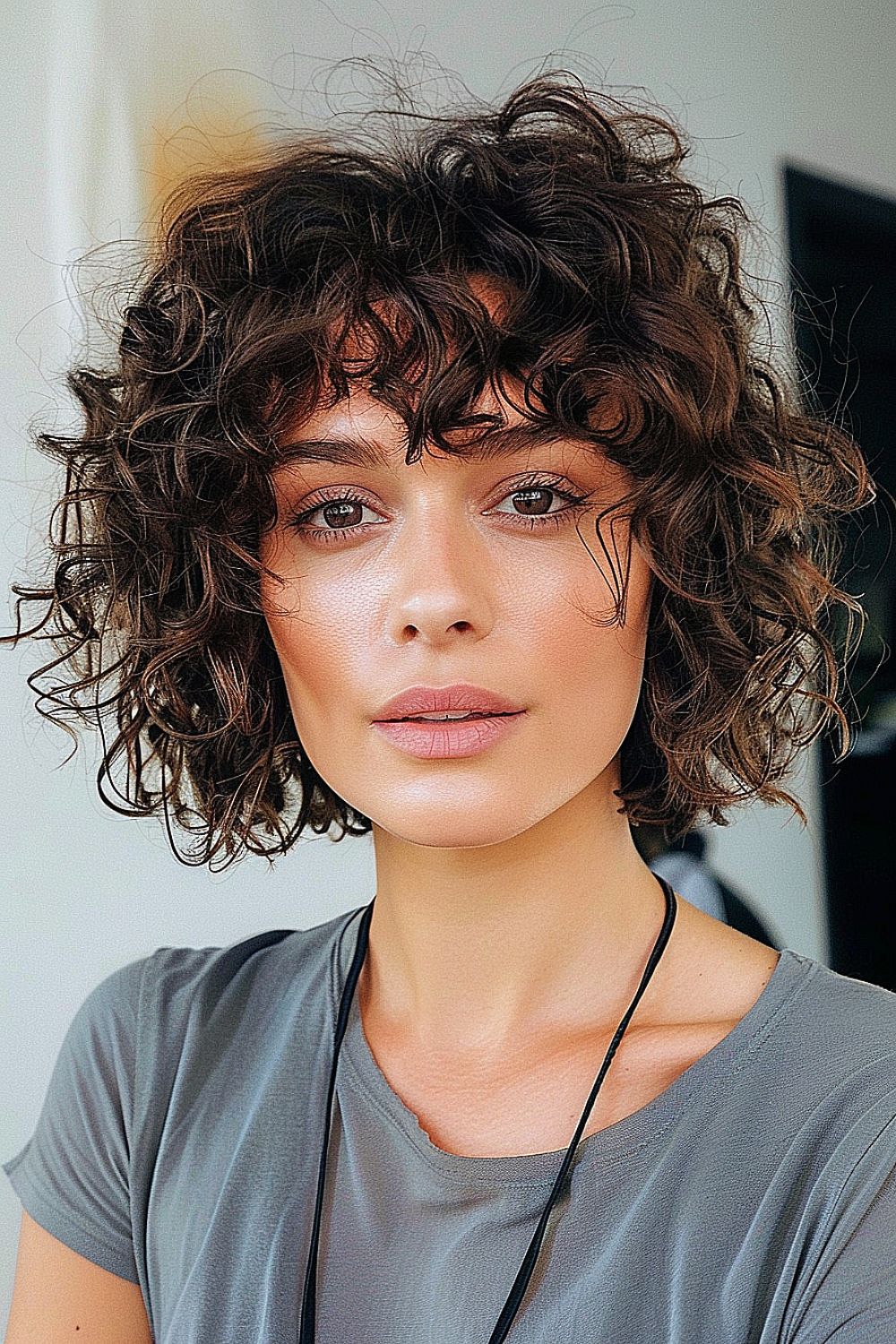 Woman with a curly textured bob and fringe