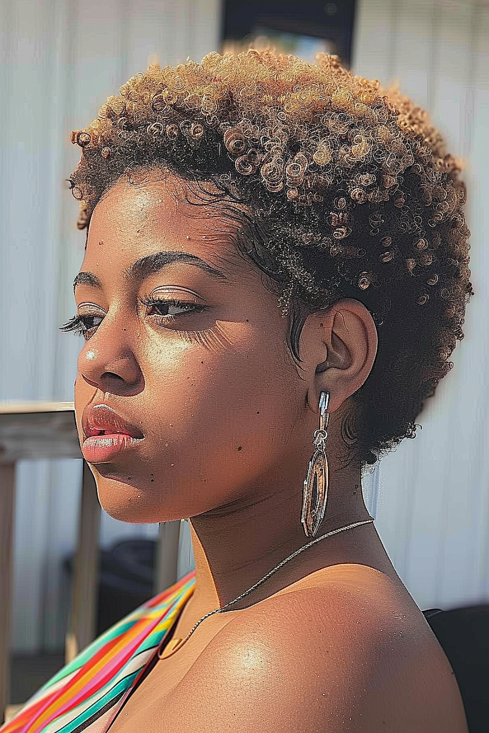 Woman with a curly TWA (Teeny Weeny Afro) hairstyle