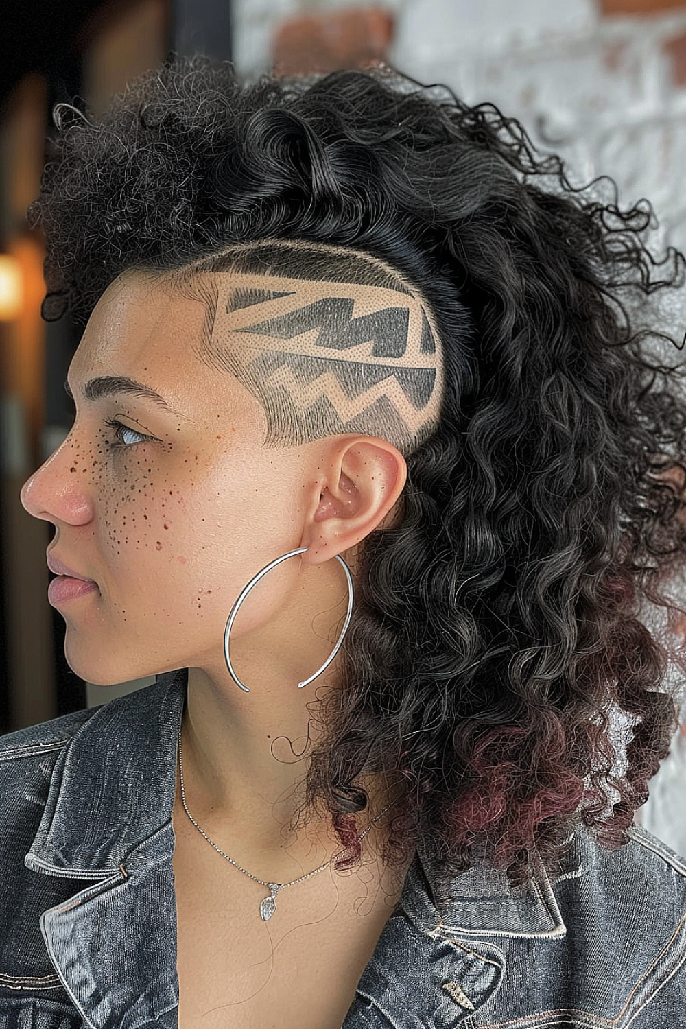 Woman with curly hair featuring an undercut with carved geometric designs