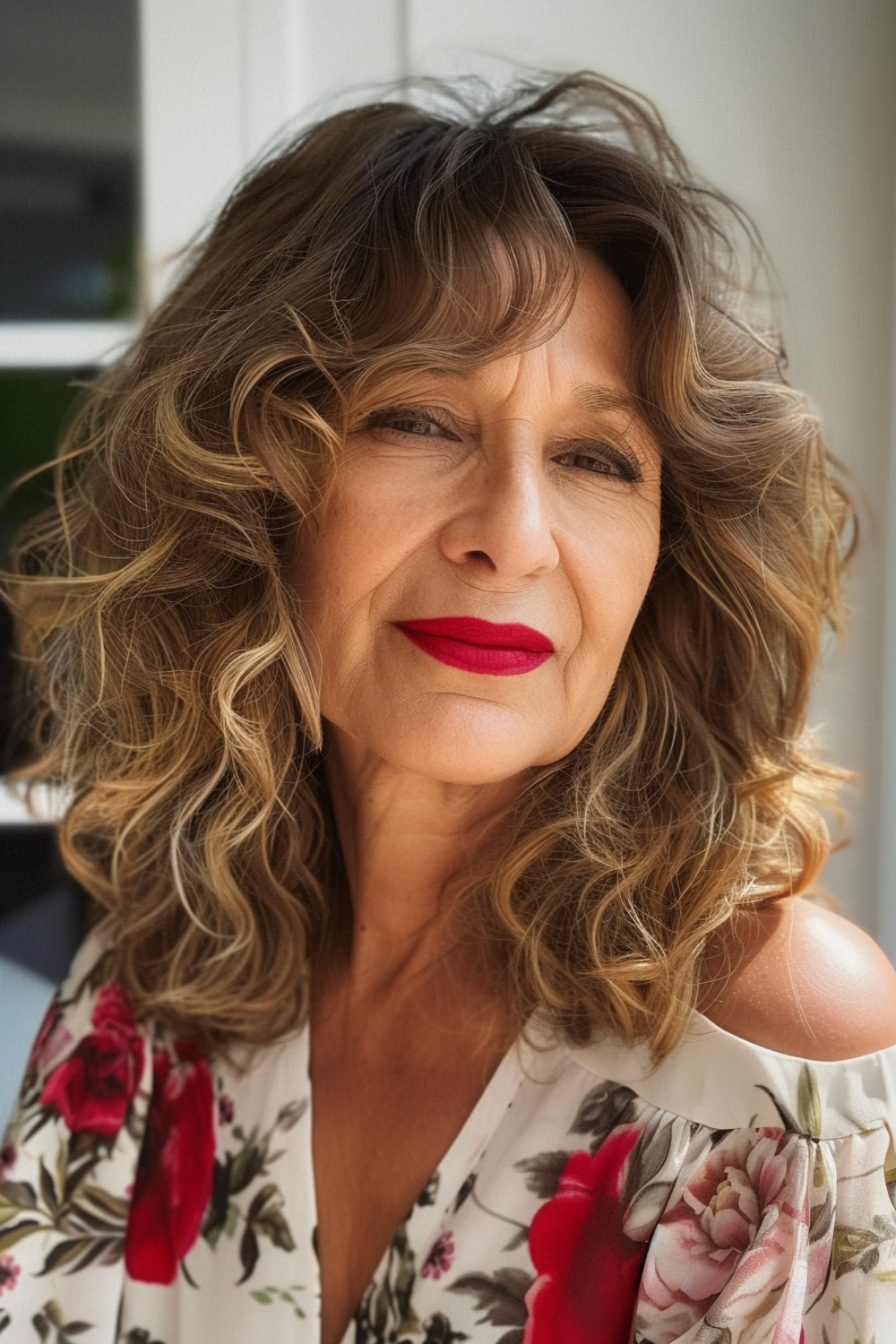 Curtain bangs with voluminous curls for women over 50