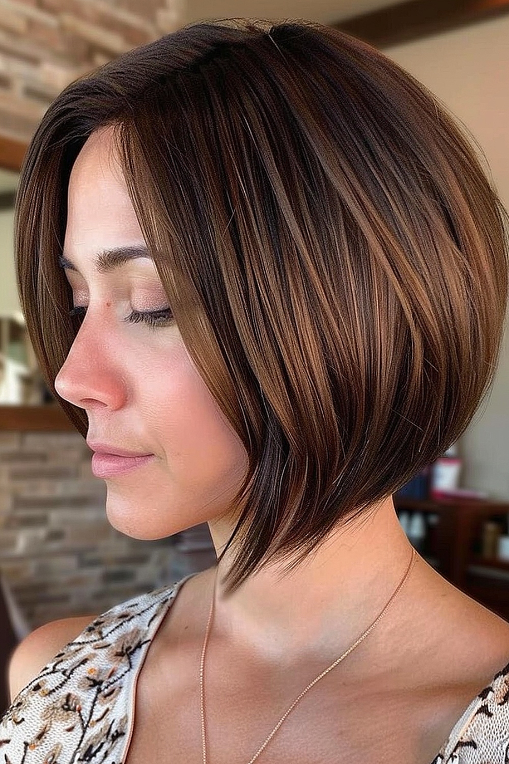 Curved inverted bob with chocolate highlights