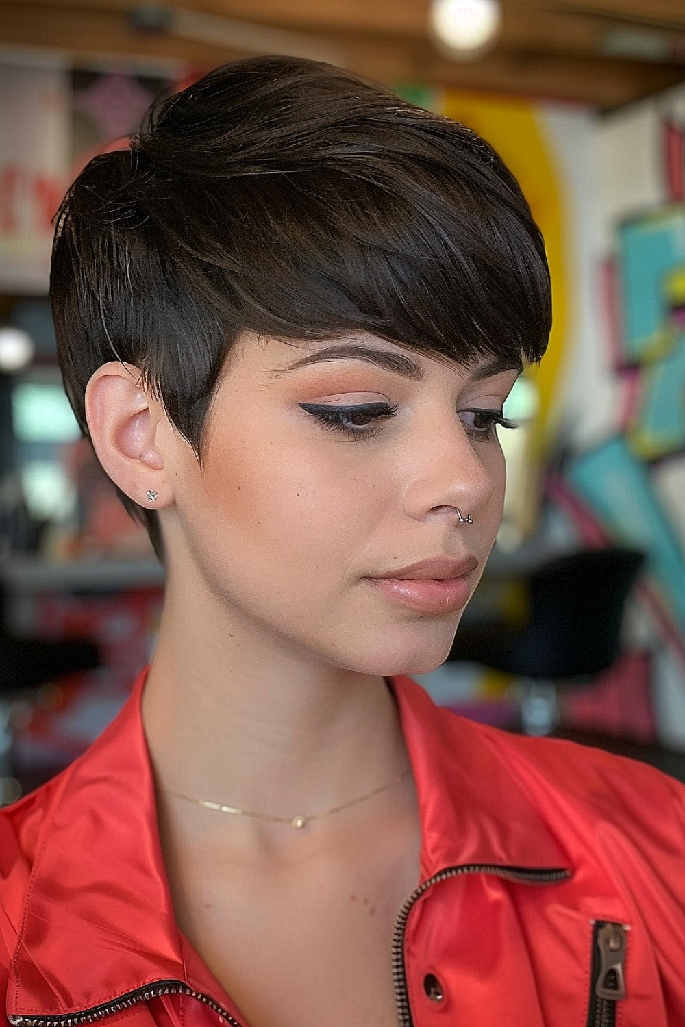 Sleek pixie cut with side-swept bangs on straight hair