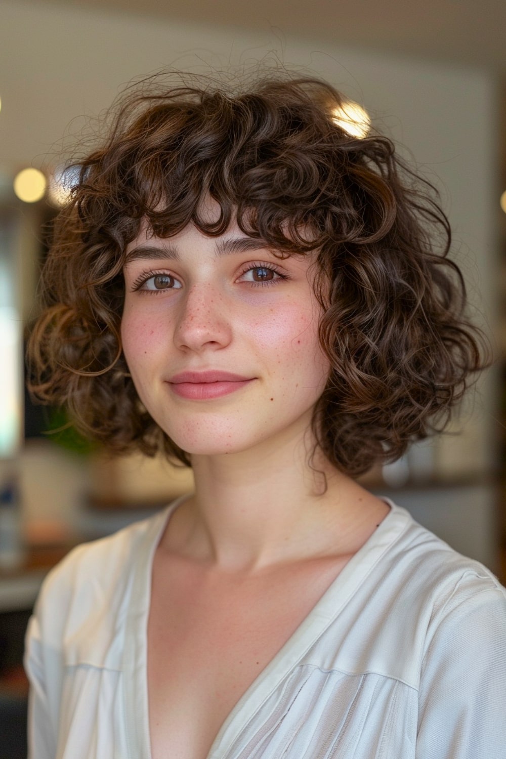 Dark brown curly hair with bangs