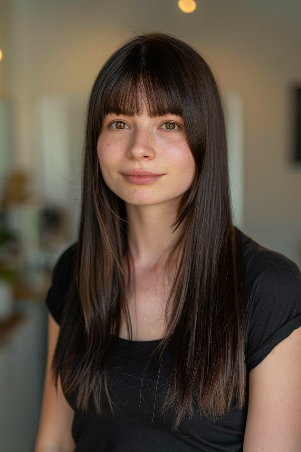 Dark brown long hair with bangs