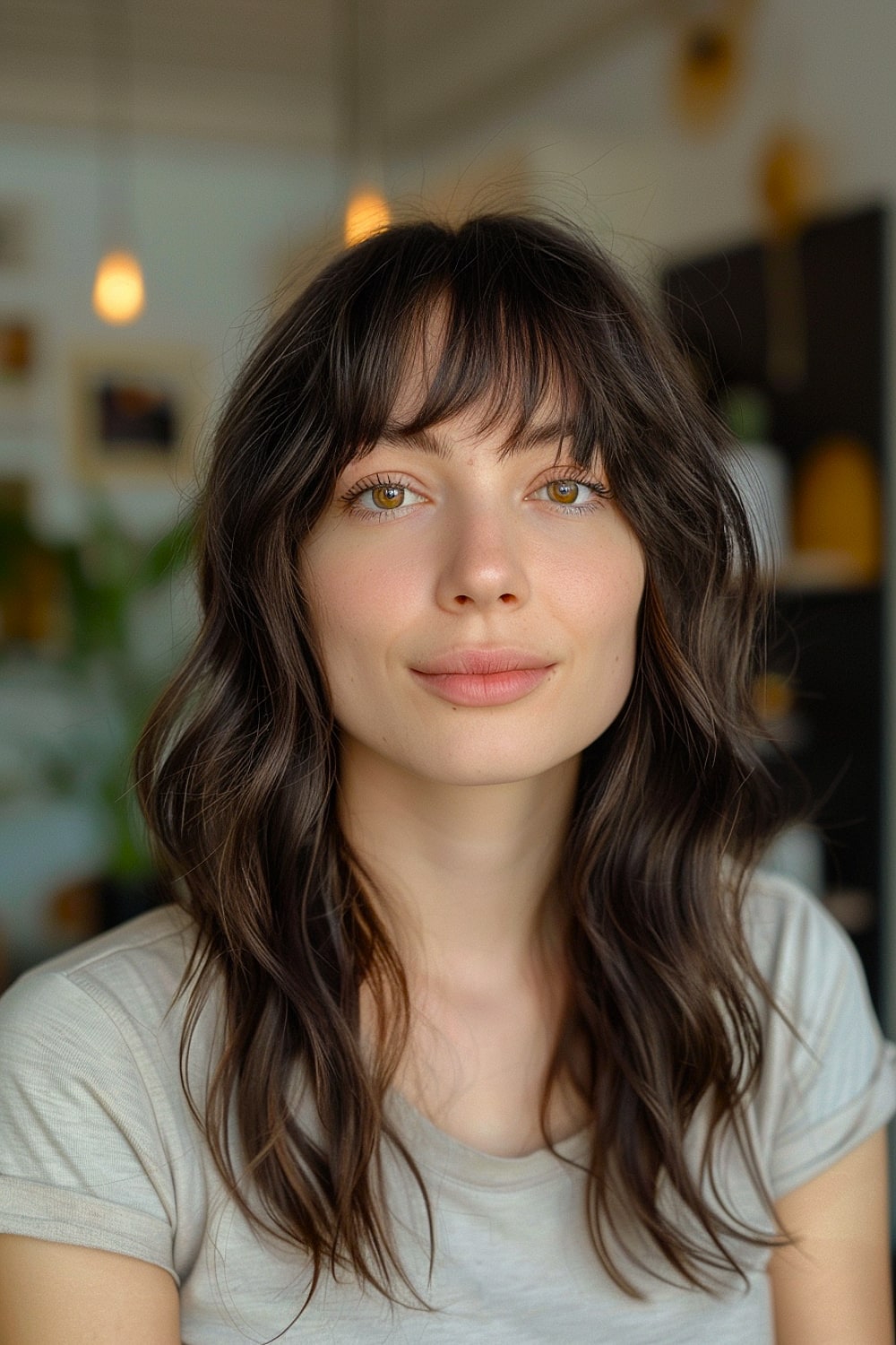 Dark brown medium hair with bangs