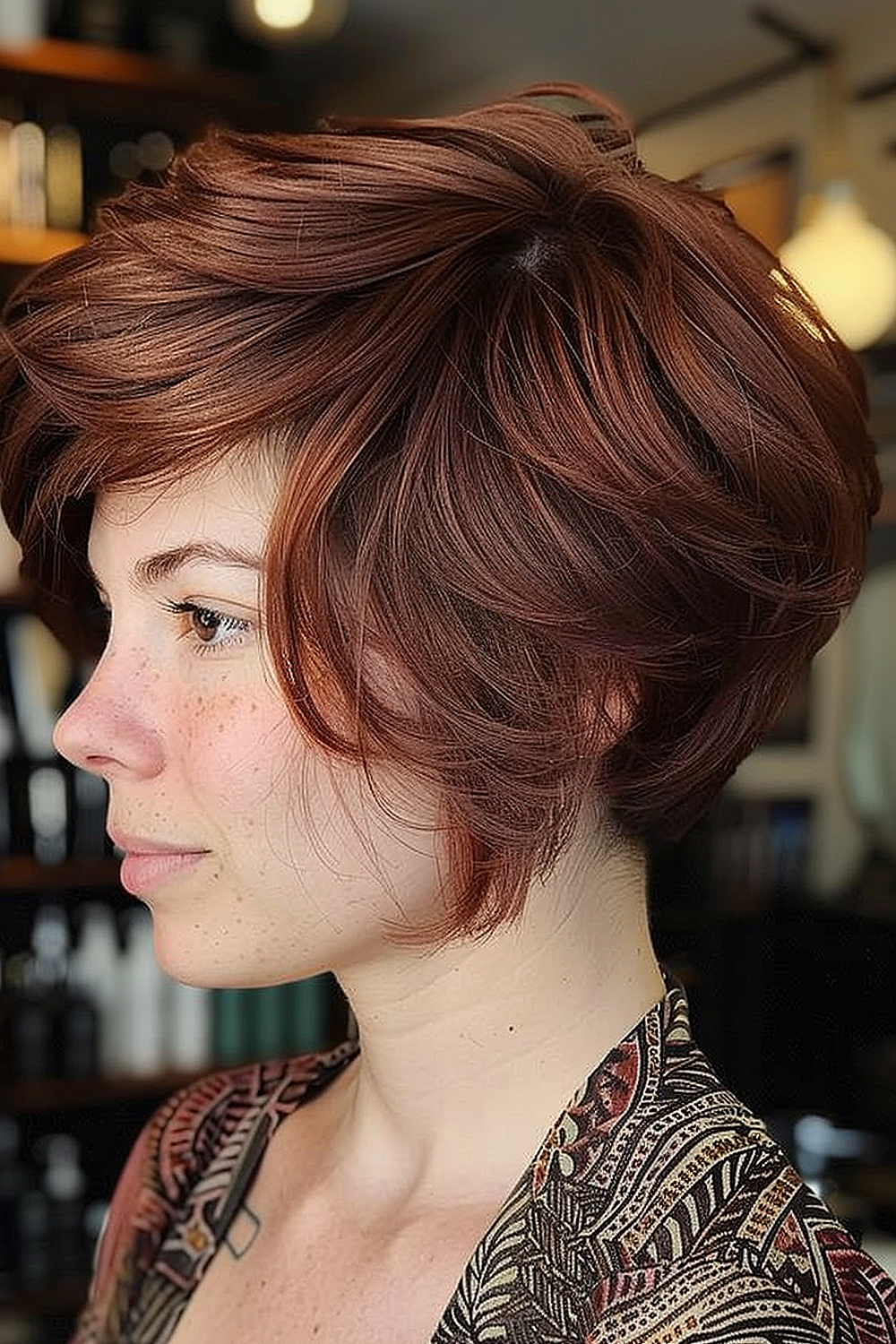 Deep auburn lixie with feathered layers