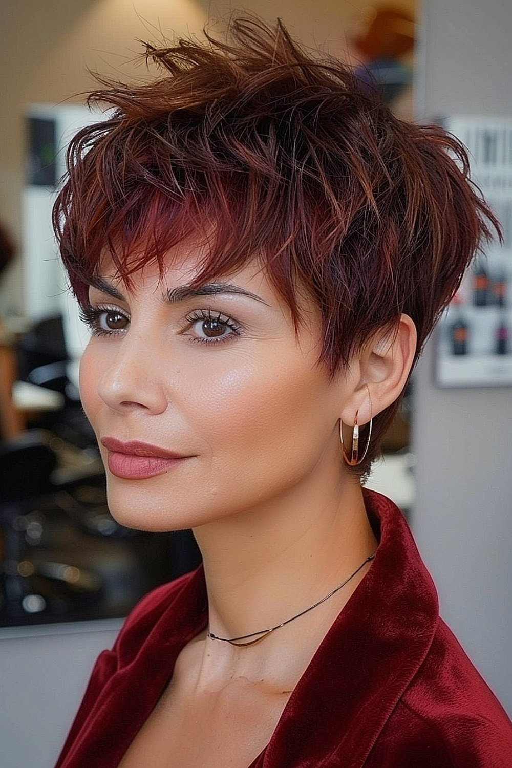 Deep burgundy layered pixie with textured fringe