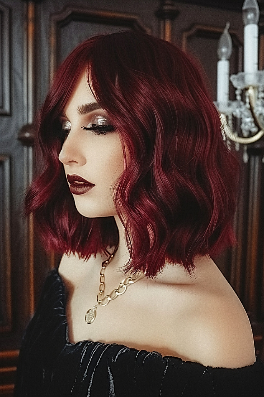 Deep burgundy wavy lob with rich tones and soft waves