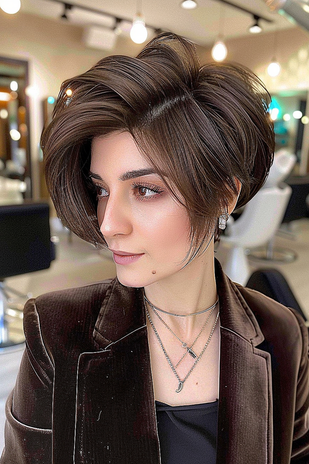 Woman with a deep chocolate bixie haircut and glossy finish