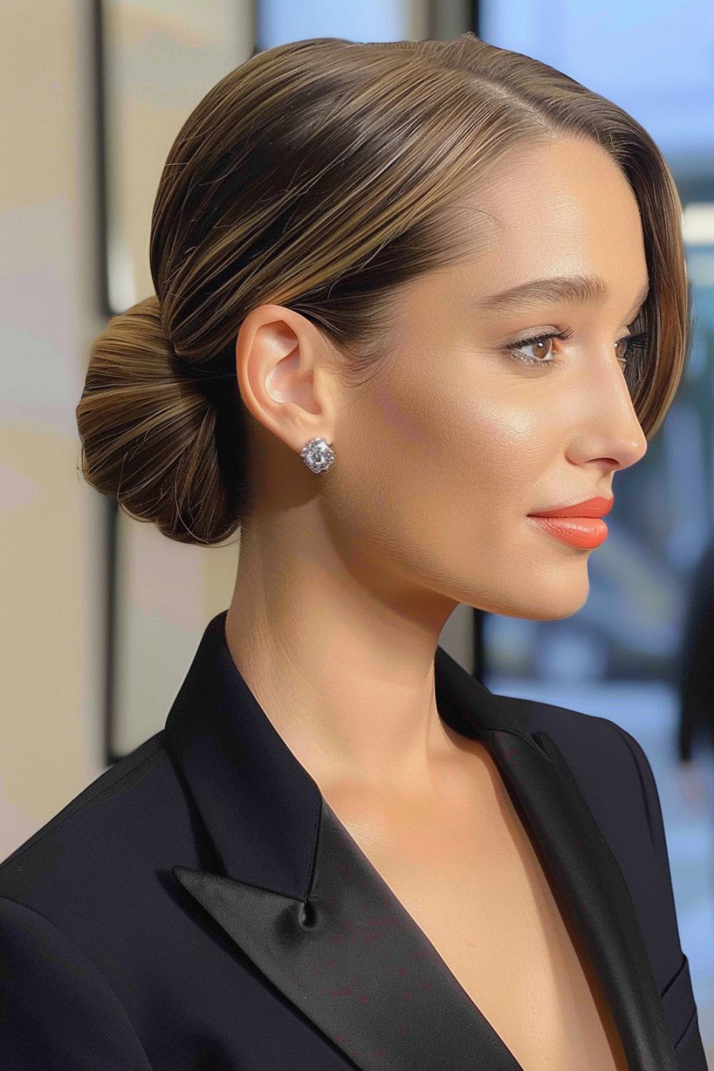 Deep side part with low bun for a chic look