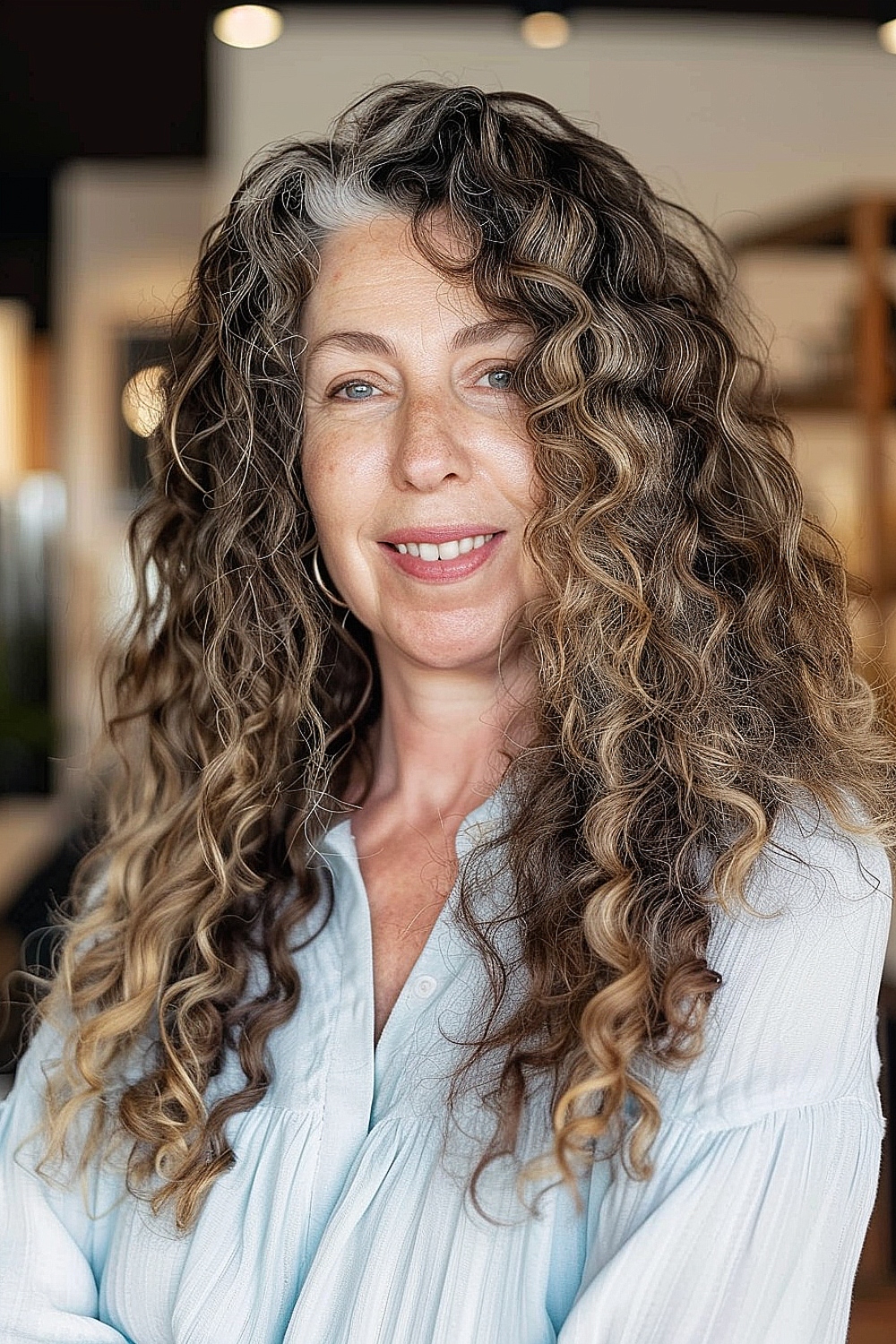 Defined ringlets with natural gray roots for women over 50