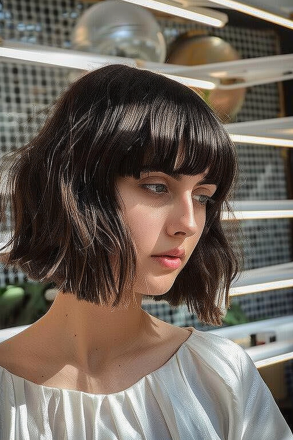 Woman with a defined shag haircut and structured cuts