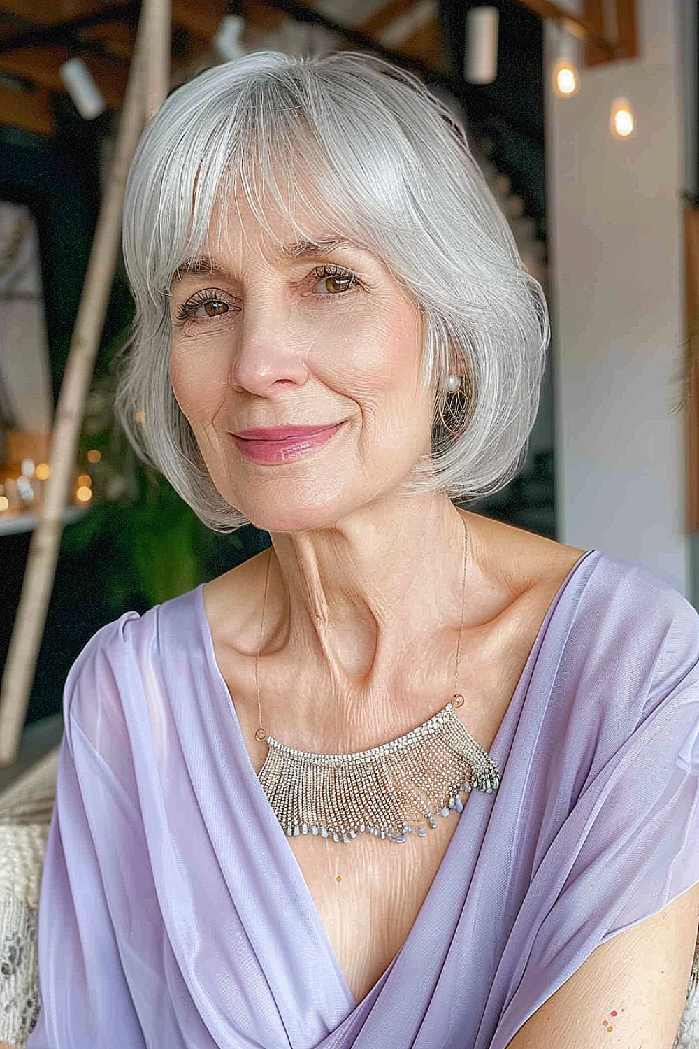 Woman with a dove grey bob and wispy bangs