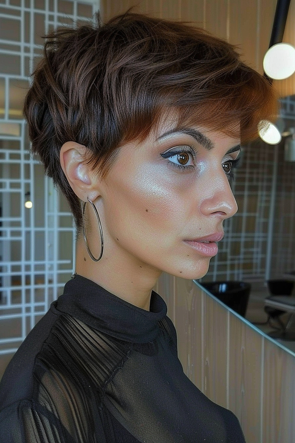 Woman with a dramatic disconnected pixie haircut featuring tousled top layers and closely cropped sides.