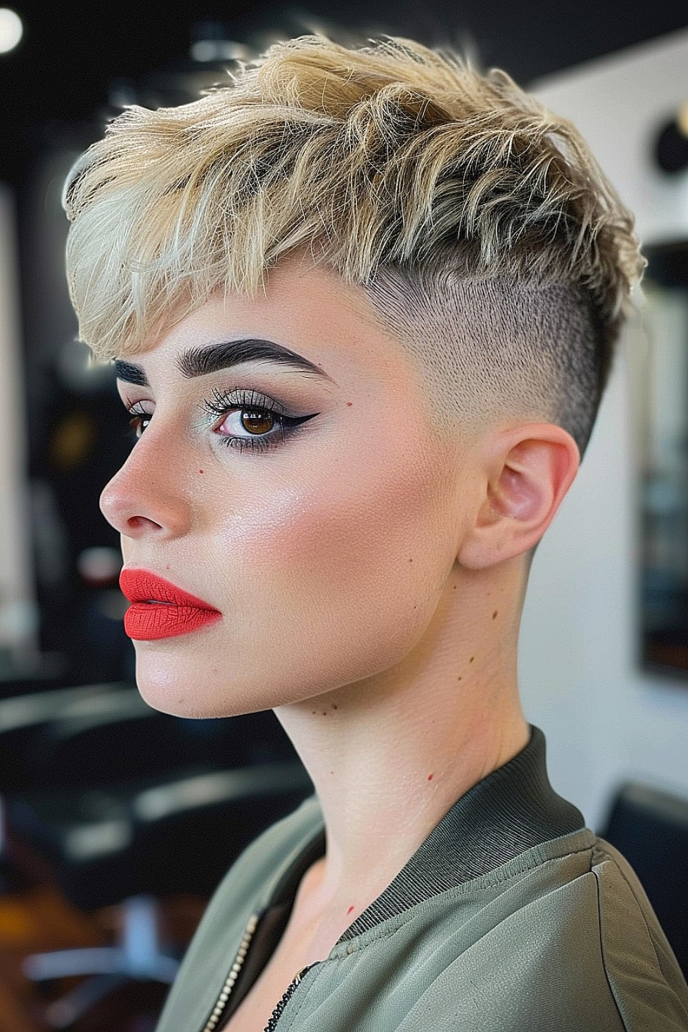 Bold disconnected pixie with textured top and shaved sides