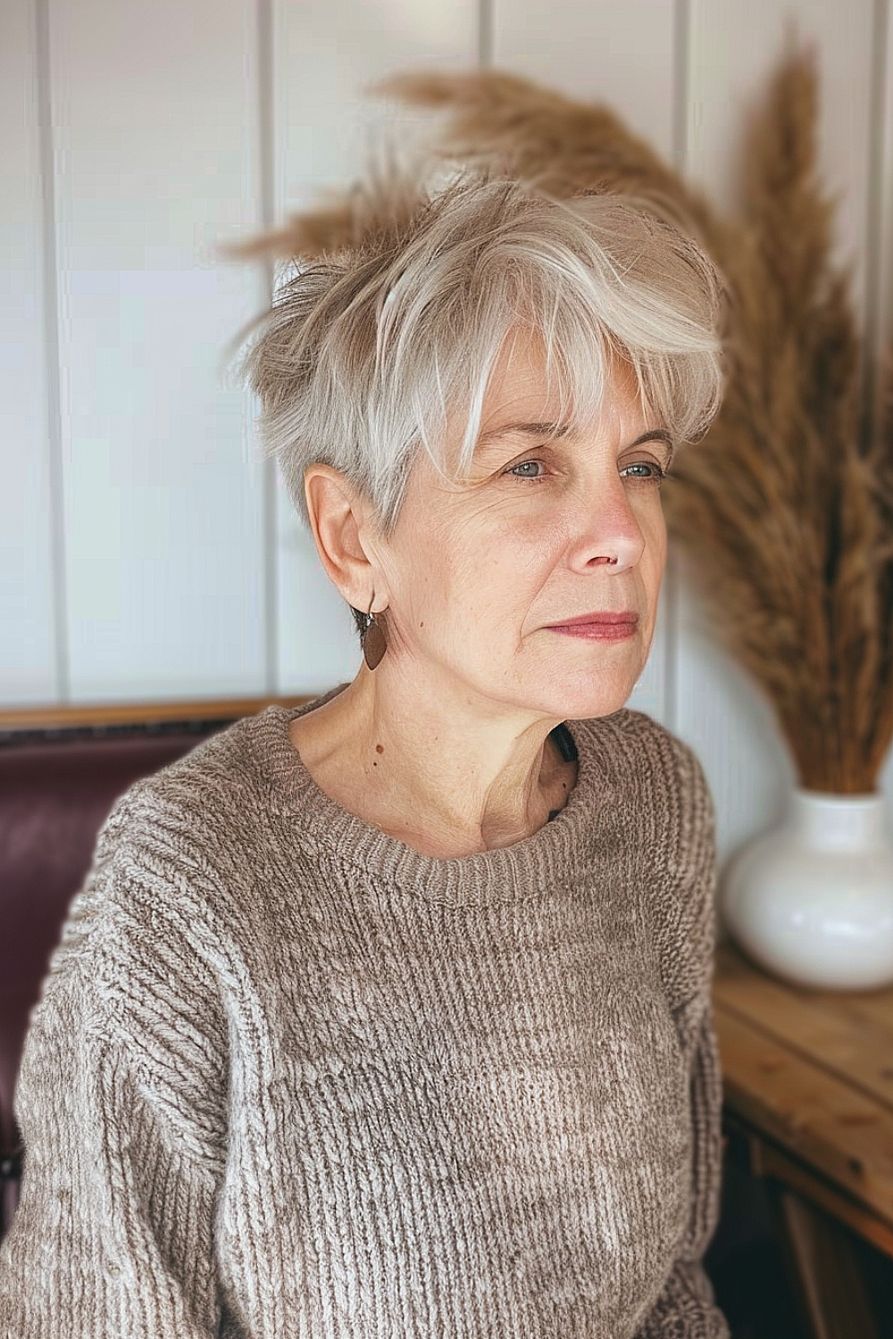 Short, textured pixie cut with choppy bangs and gray hair