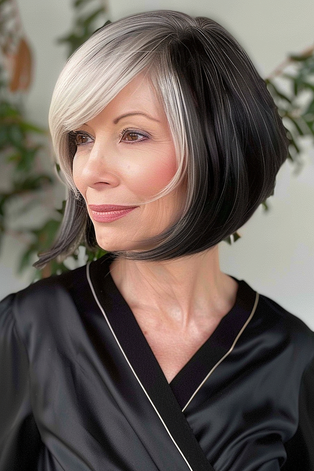 A-line bob hairstyle with a deep side part and platinum highlights