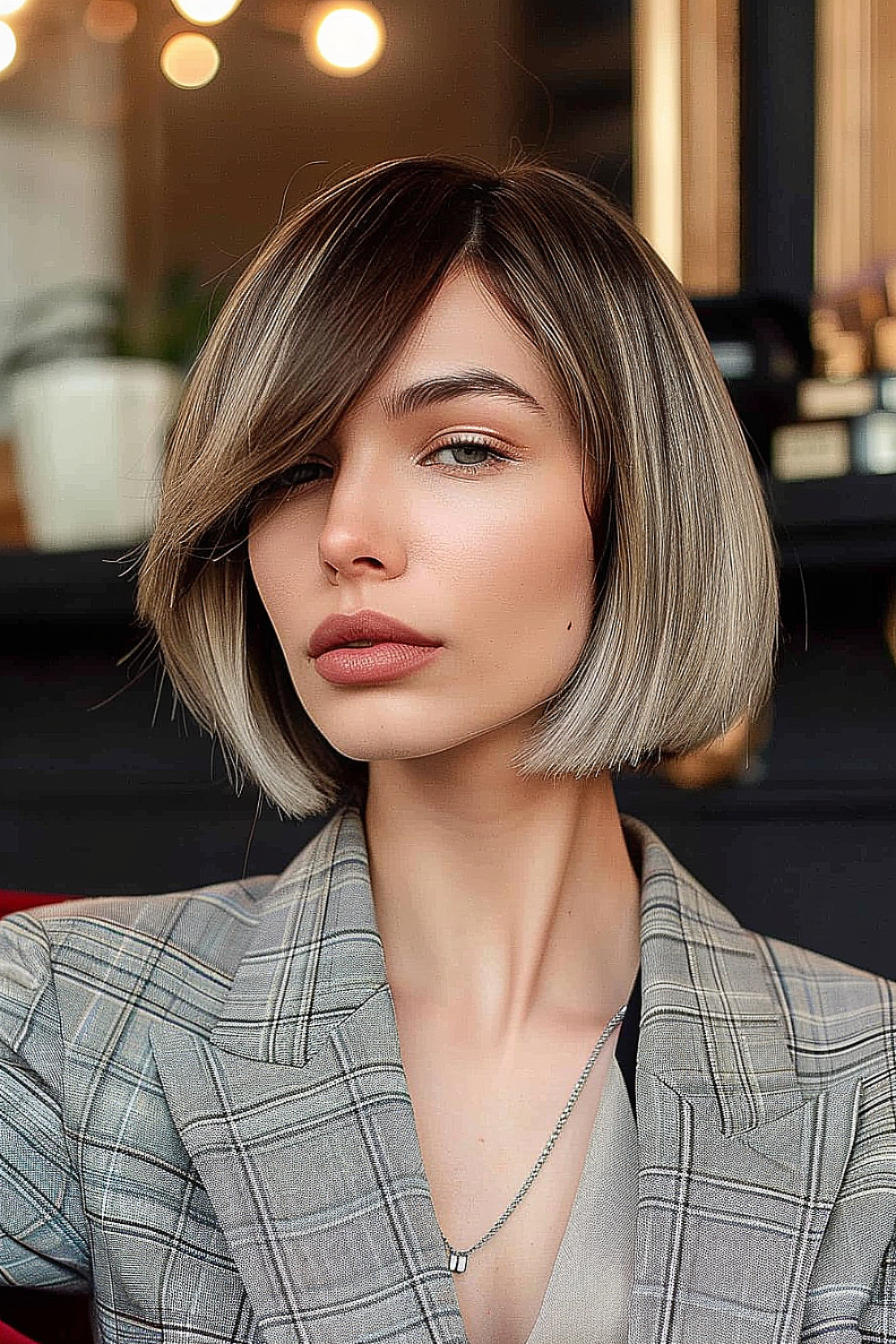 Dramatic deep side part bob with sleek, smooth finish