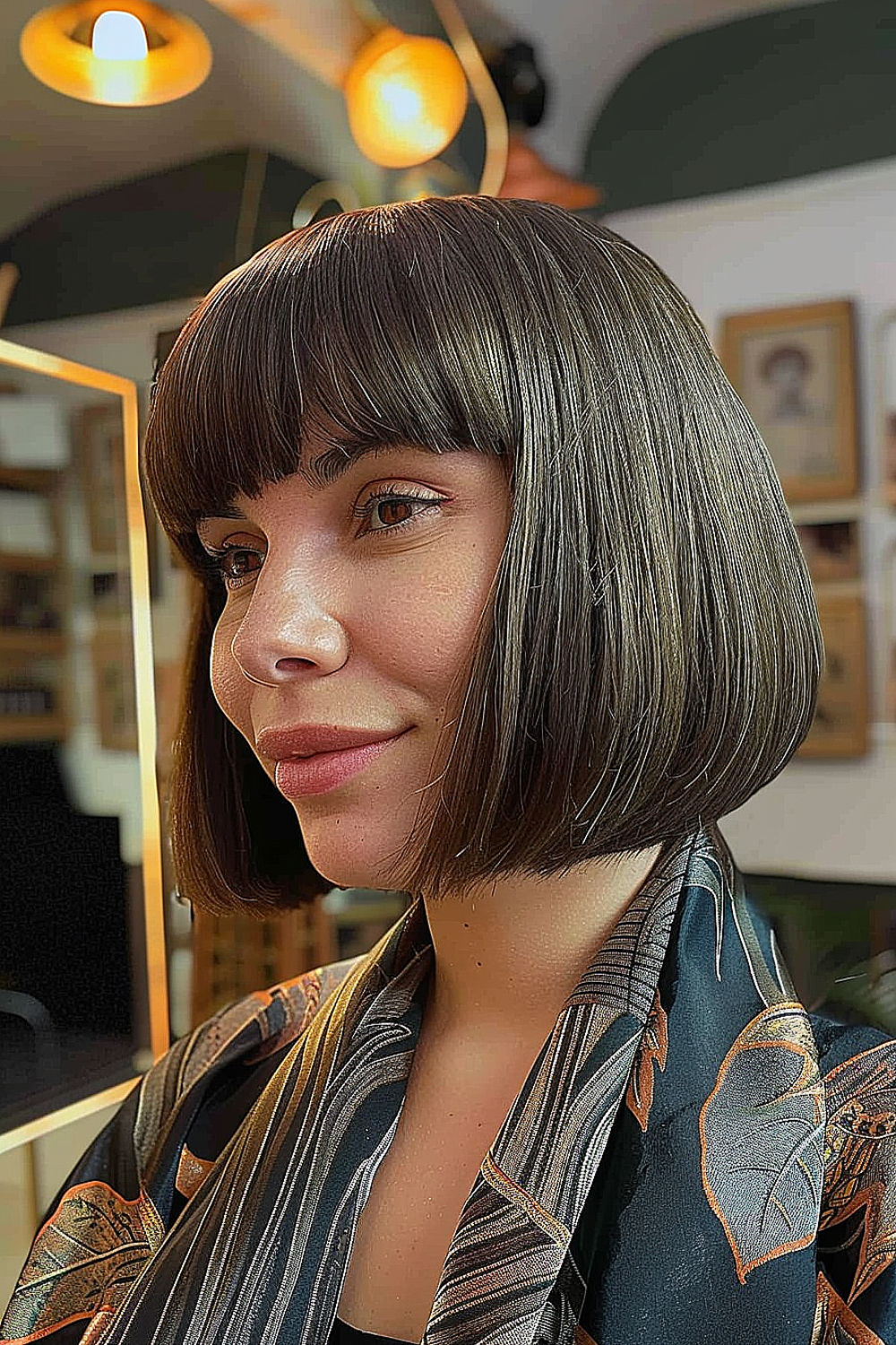 Woman with a sleek drop front bob and precision-cut bangs, featuring subtle gray highlights