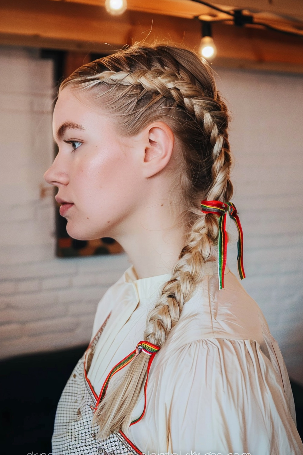 Dutch braid with colorful ribbons