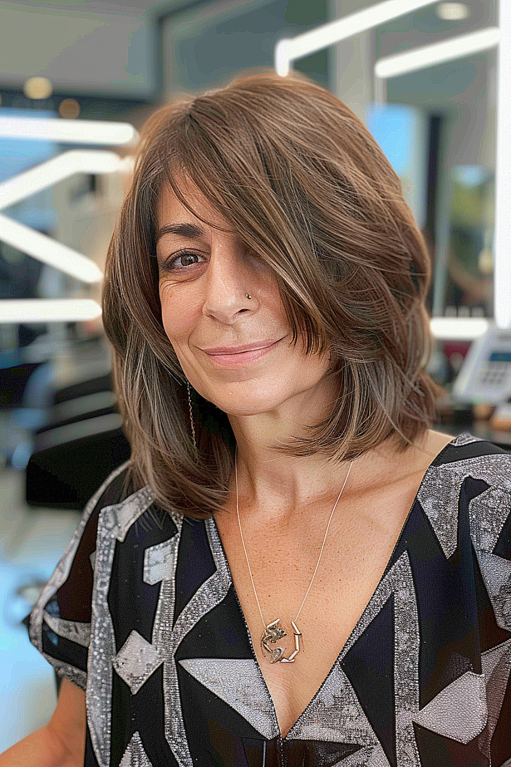 Older woman with a dynamic medium bob featuring a deep side part and soft feathered ends