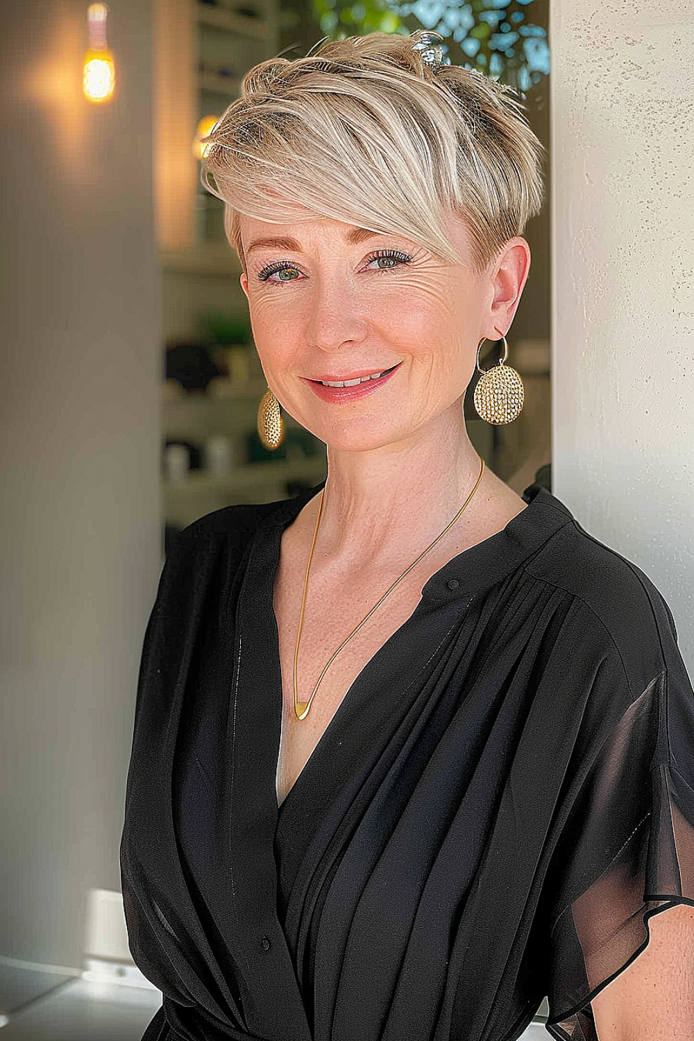 Woman with a dynamic pixie cut and angular bangs