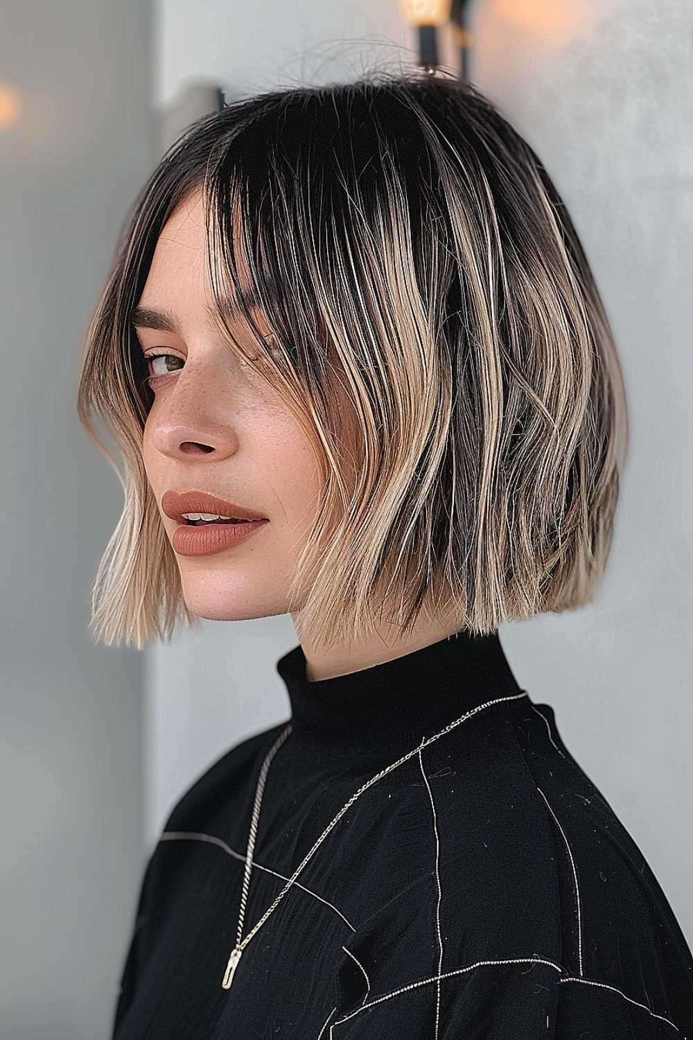 Dynamic razor cut bob with textured ends and dark roots