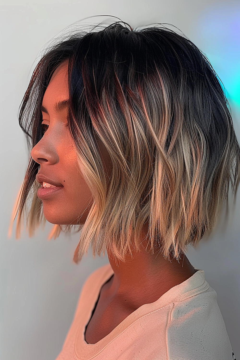 Razor cut bob with voluminous back and sun-kissed highlights