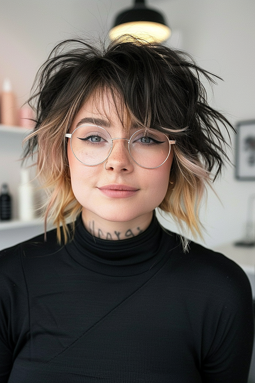 Woman with a dynamic shag haircut featuring high contrast highlights