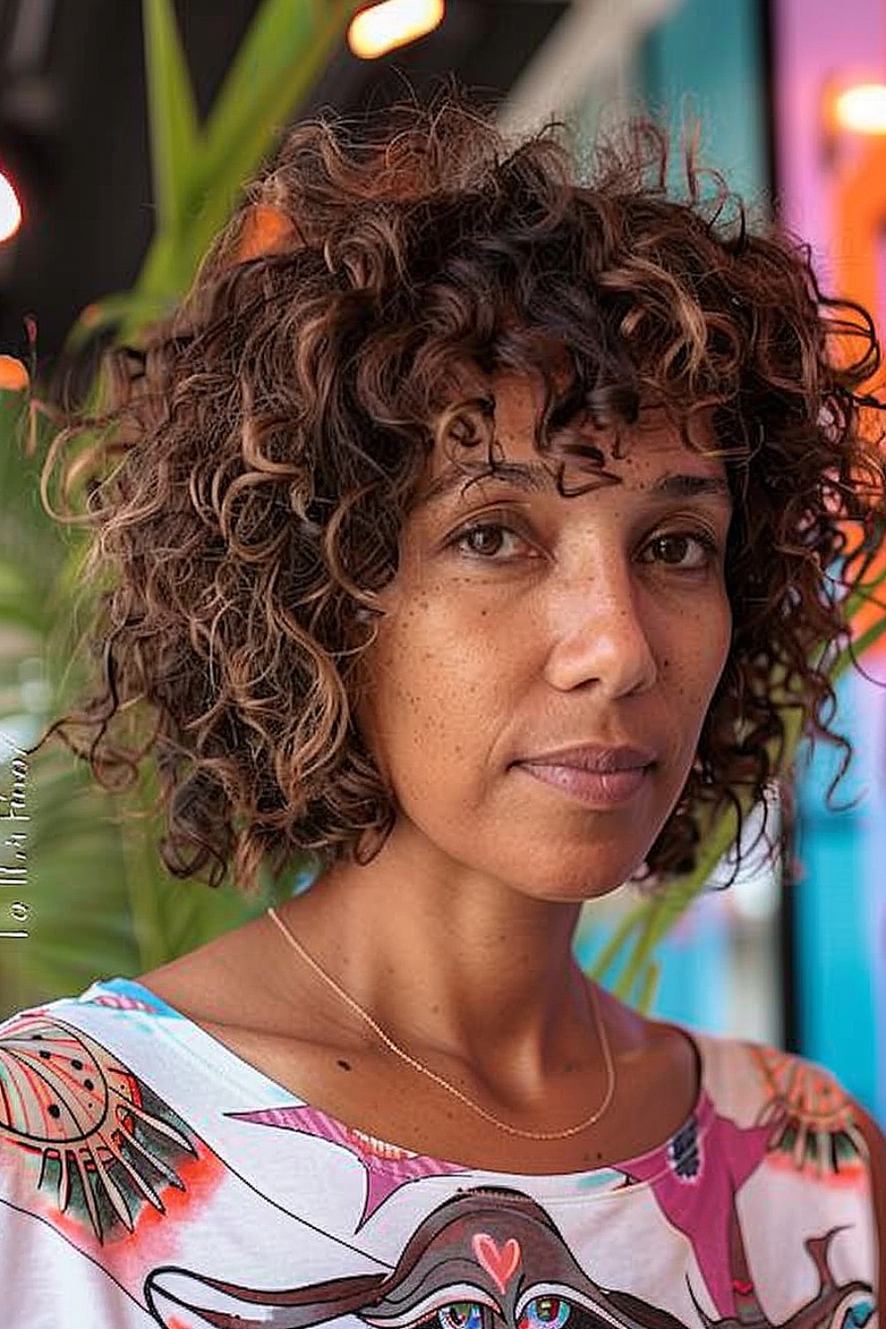 Woman with a dynamic short shag hairstyle for naturally curly hair.