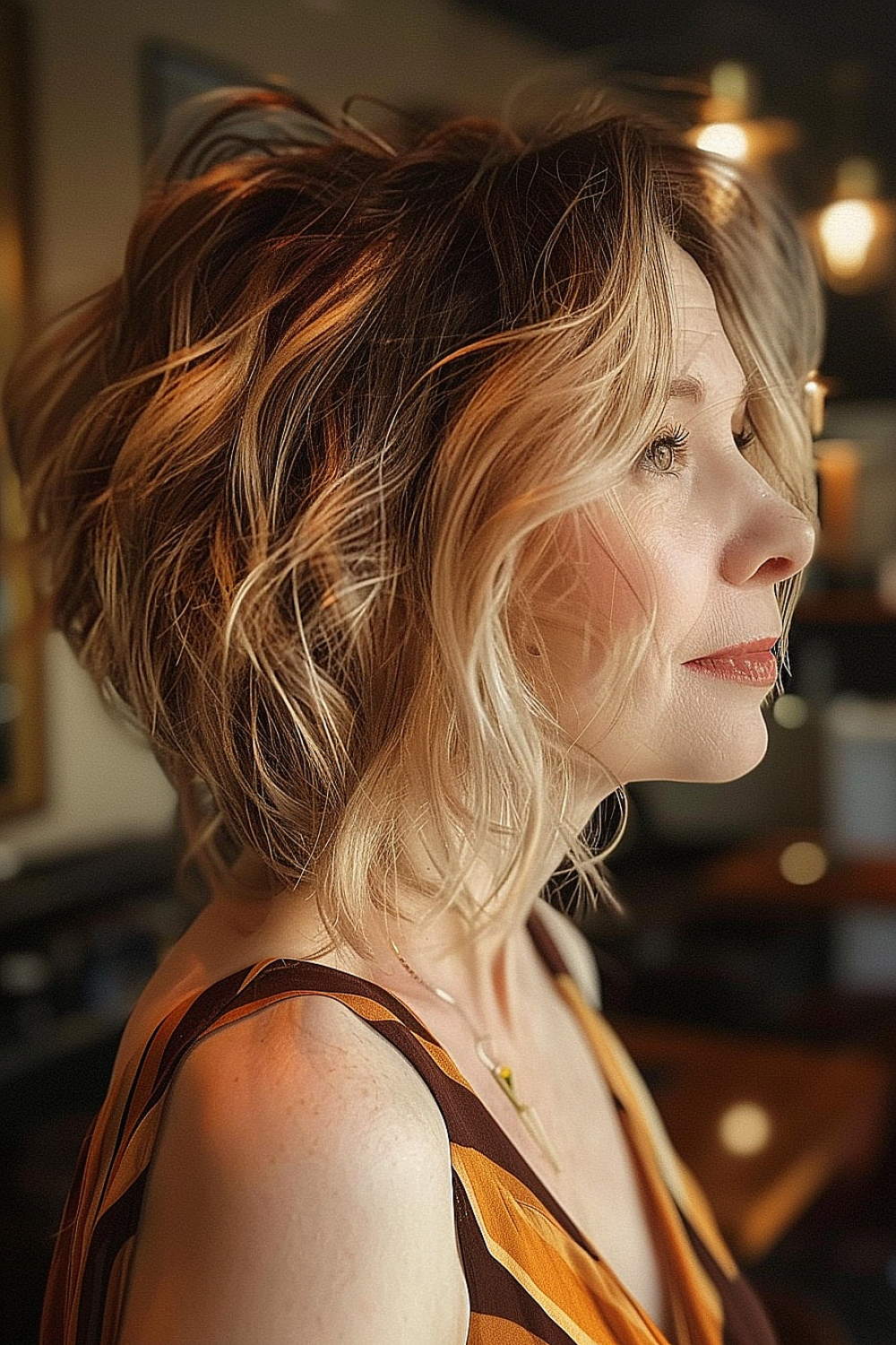 Woman with a tousled bob and sun-kissed balayage highlights