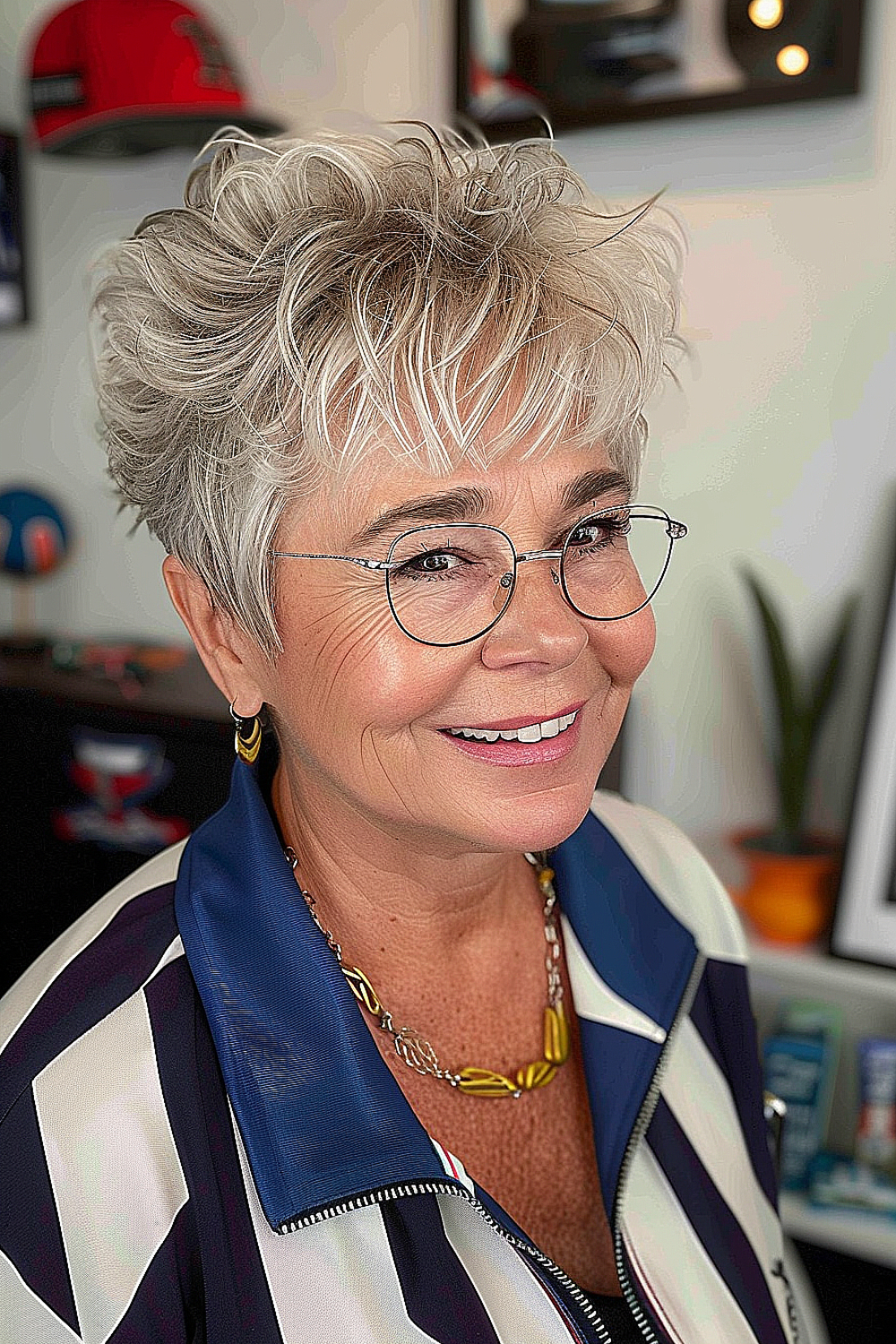 Dynamic tousled pixie cut with silver hair on a woman over 50