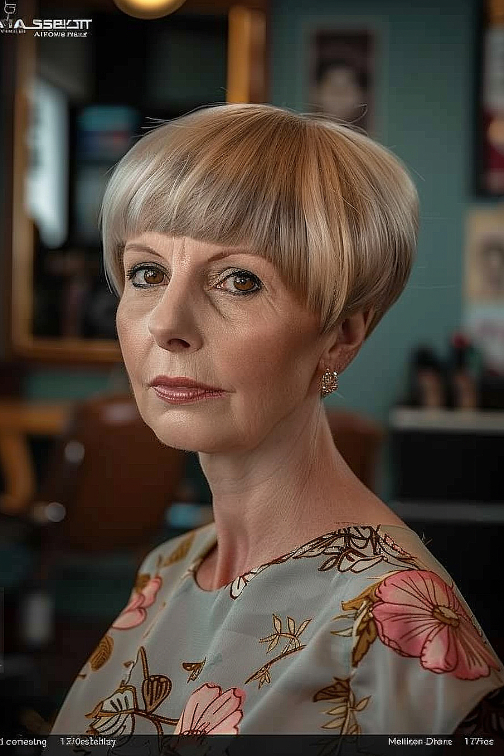 Woman with an ear-length vanilla blonde bowl cut and sheer bangs