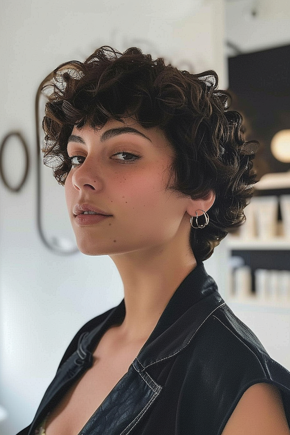 Woman with an ear-length curly bob featuring textured layers