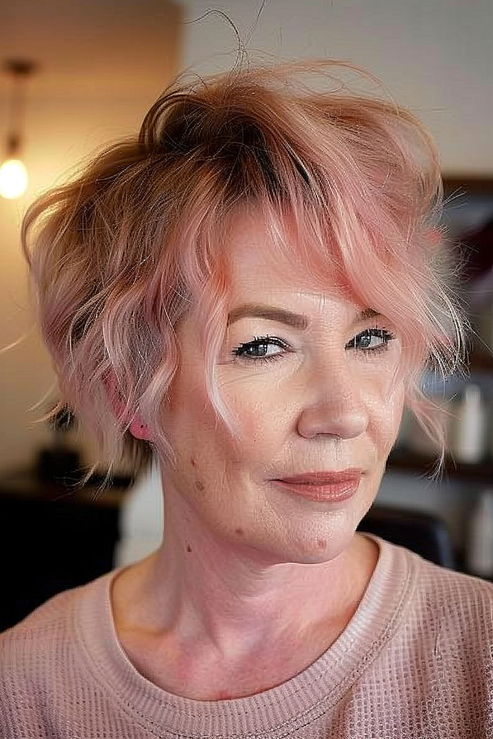 Woman with a tousled ear-length shag haircut with soft pink highlights