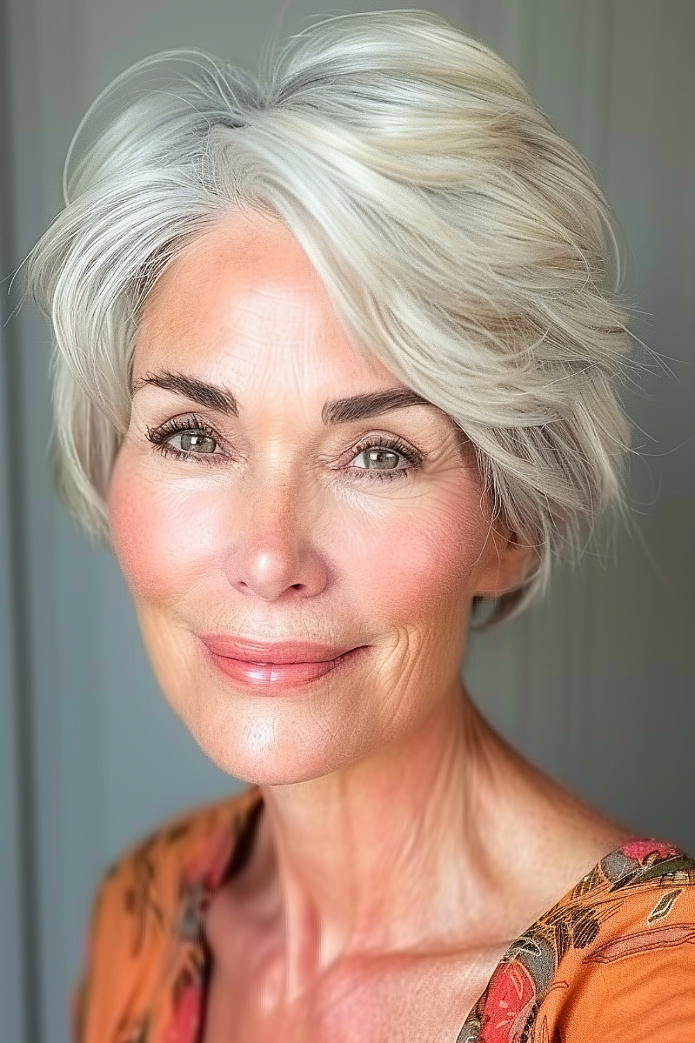 Smiling woman with a chic silver ear-length pixie cut