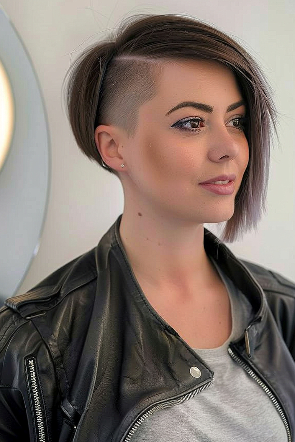 Woman over 30 with an edgy bixie haircut featuring a sharp undercut and a mix of brown and gray colors.