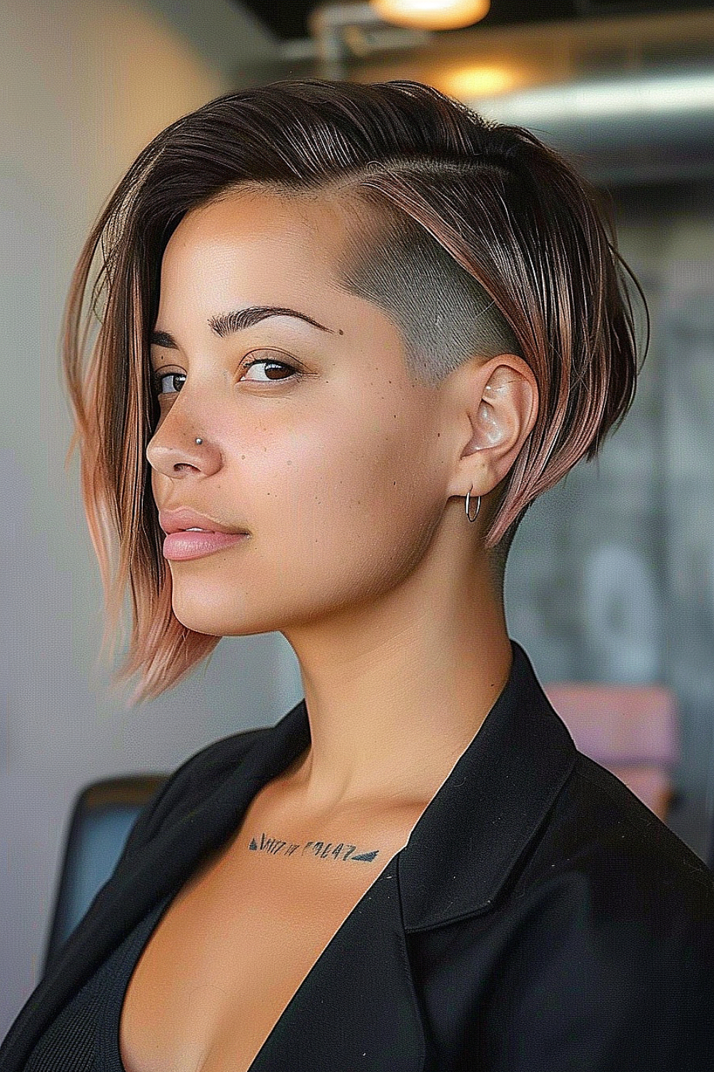 A woman with a side-swept bob and undercut, featuring dusky pink tips