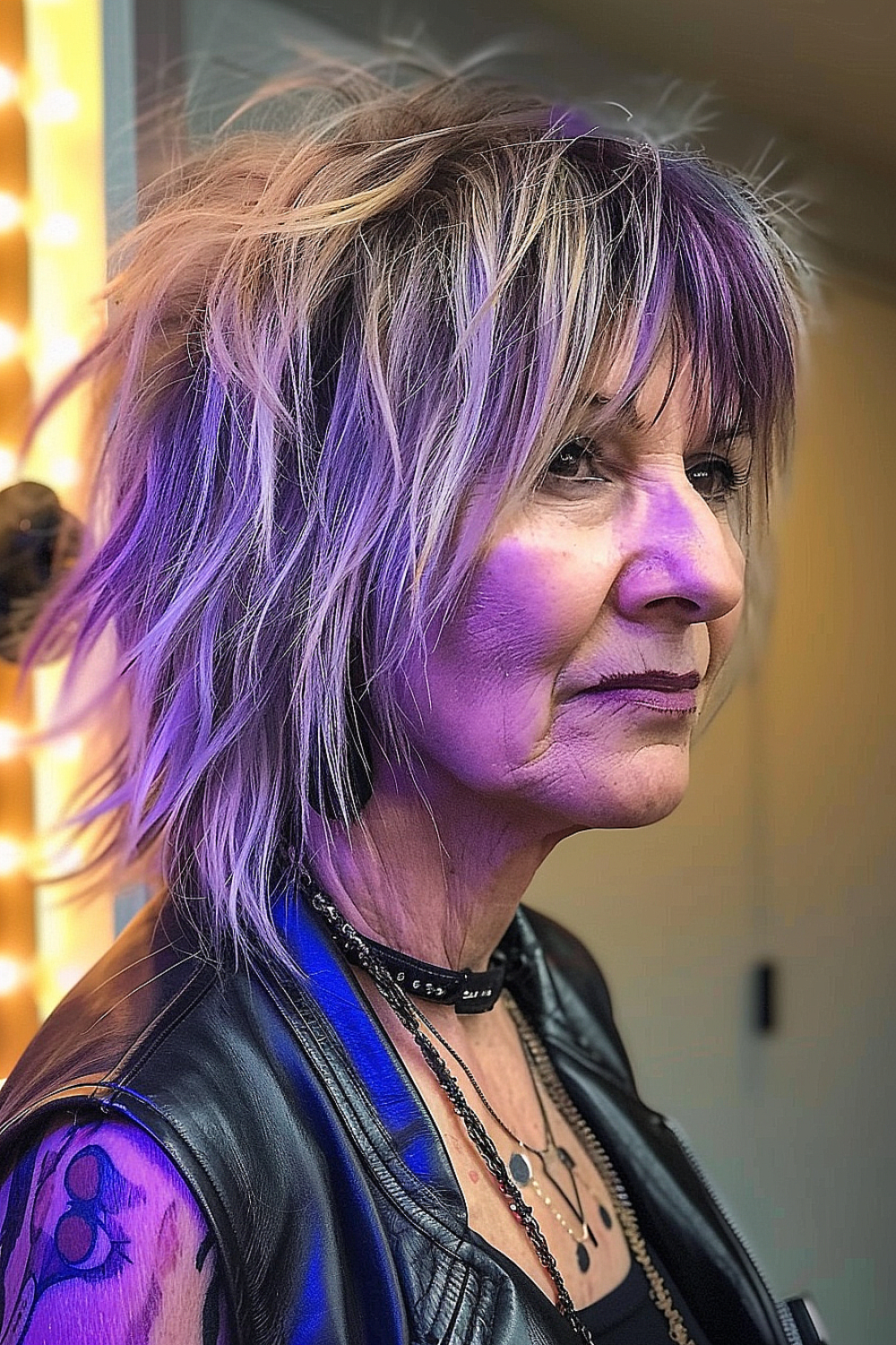 A woman with a choppy shag haircut featuring bold purple highlights