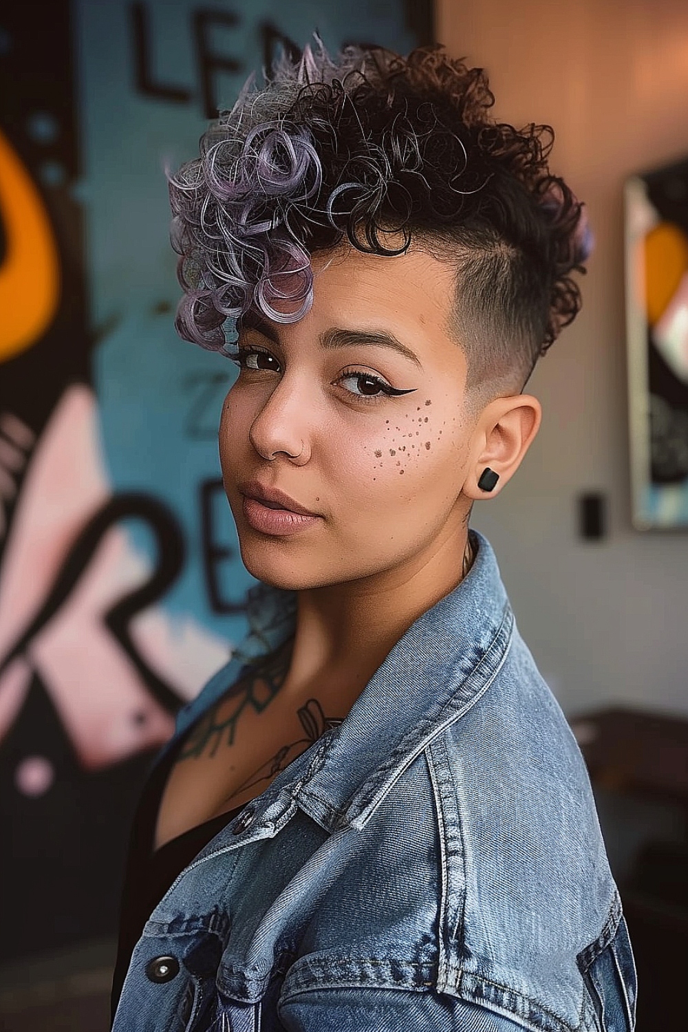 Edgy curly pixie cut with shaved sides and pastel purple highlights