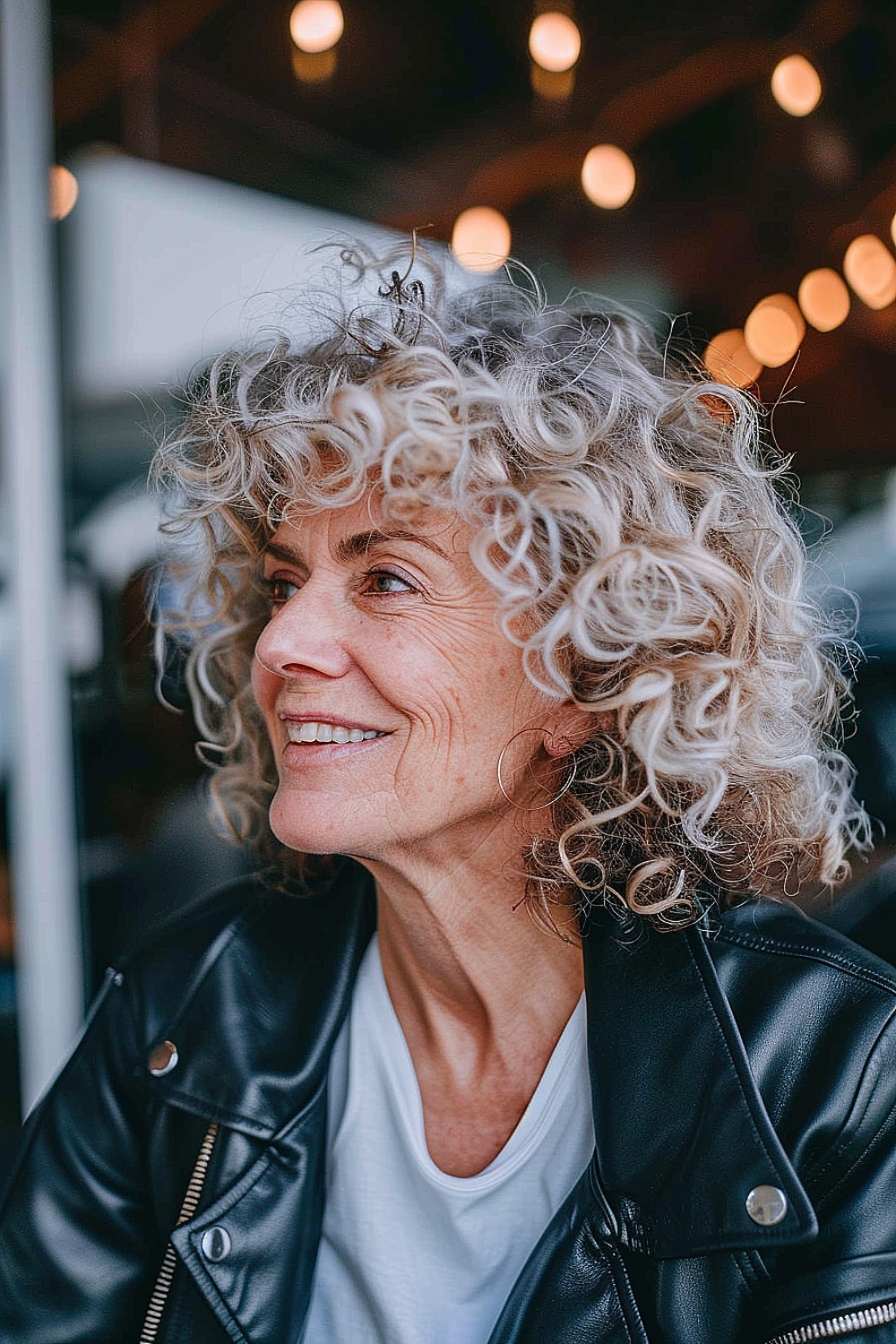 Woman with an edgy curly shag haircut for women over 60