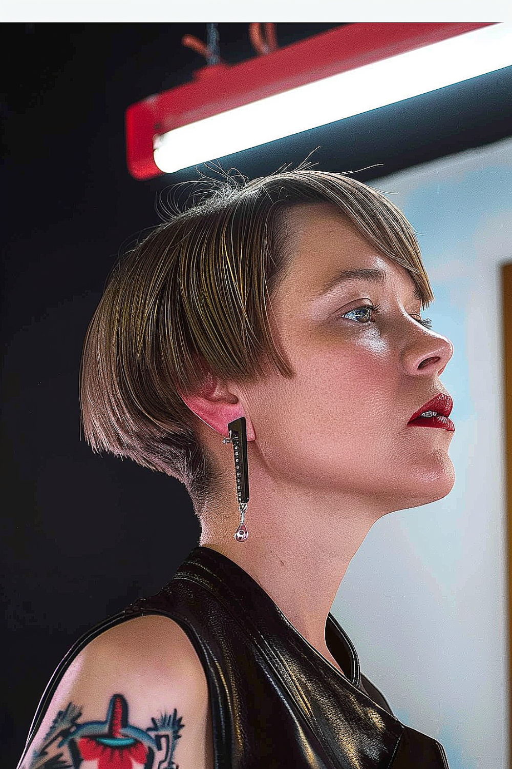 Edgy ear-length bob with sharp, clean lines and asymmetry