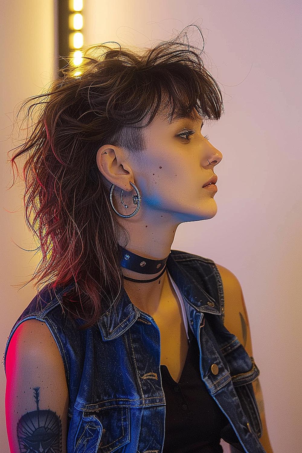 Edgy mullet shag haircut with choppy layers, soft bangs, and a punk-inspired tail