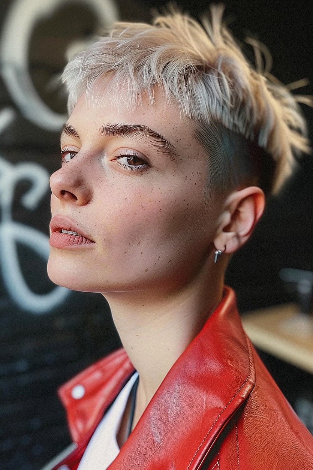 Edgy pixie cut with a dramatic undercut and platinum blonde color