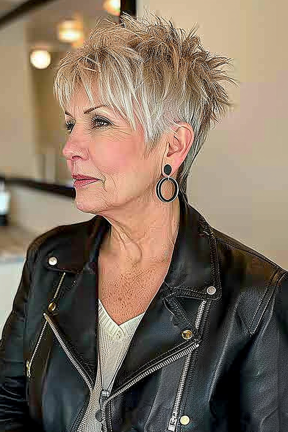 Woman with a sleek, edgy pixie haircut featuring razor-cut layers