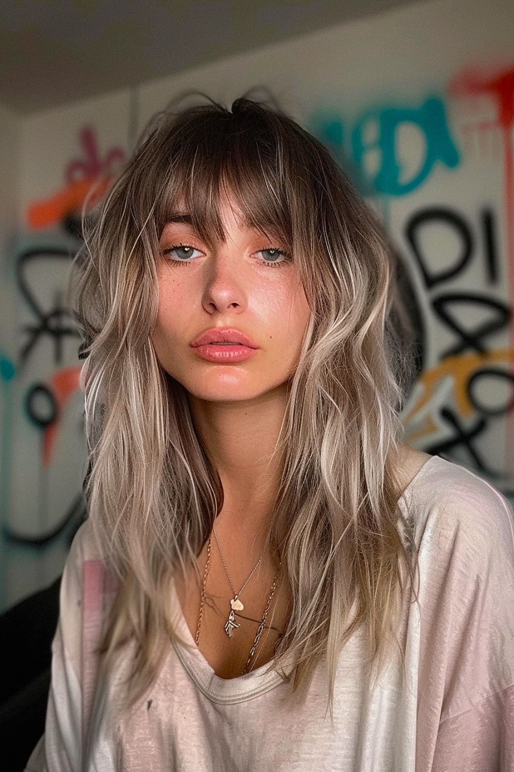 Wispy shag haircut with soft bangs and layered texture