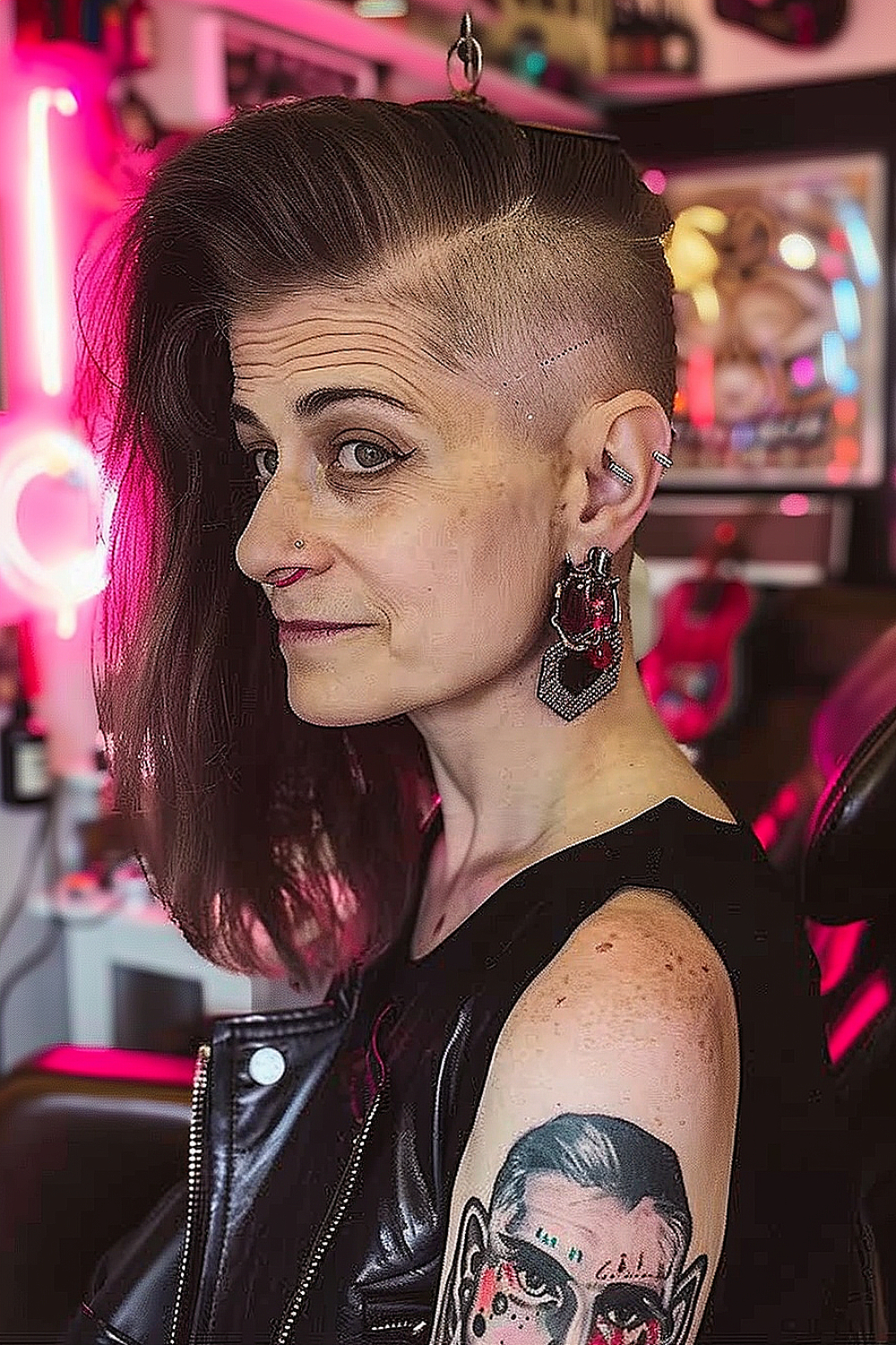 Woman over 70 with an edgy shoulder-length cut and a bold undercut