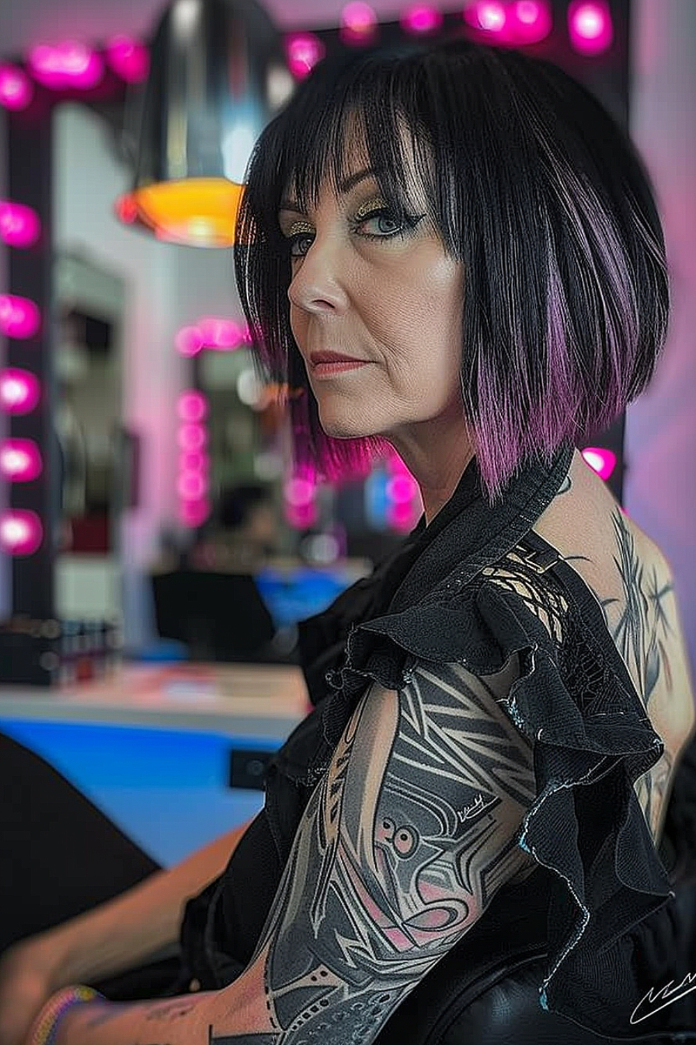 A woman with a stacked bob haircut featuring razor-cut ends and purple tips